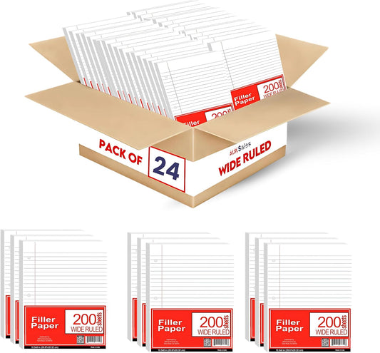 Loose Leaf Paper, Lined Notebook Paper, Wide Ruled Filler Paper, 200 Sheets, 3-Hole Punched, 10.5” x 8”, Binder Paper for Notetaking, Case Pack of 24