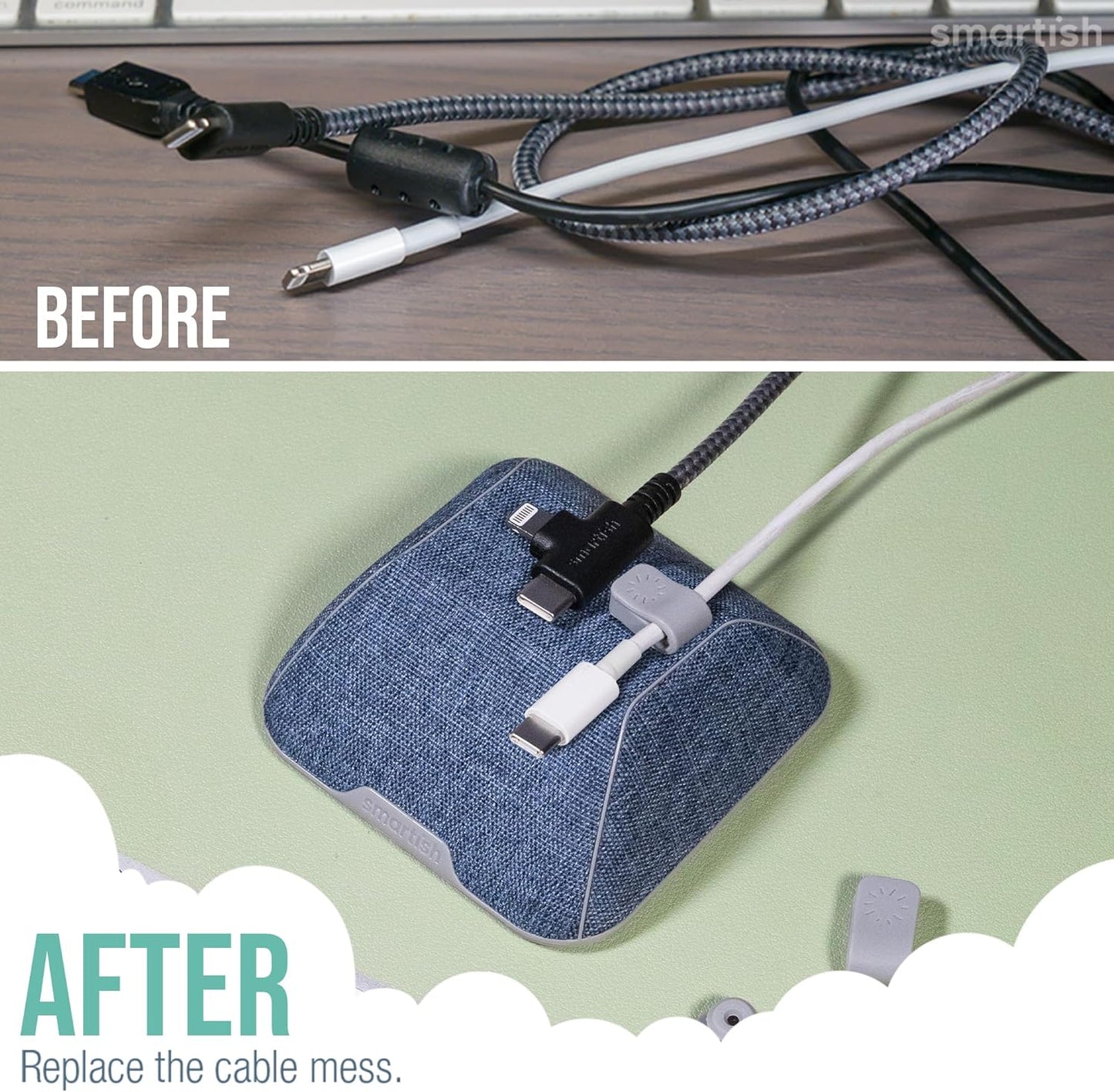 Smartish® Magnetic Cord Holder - Cable Wrangler Organizer Stocking Stuffer with Magnet Clips for Charger Management on Desktop, Nightstand for USB-C + Lightning - Blue Jeanie