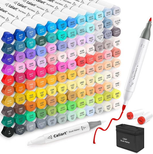 Caliart 121 Colors Alcohol Markers Brush Tip, Dual Tip Artists Coloring Markers Set Brush & Fine, Permanent Alcohol Based Colored Sketch Pens, Art Supplies Gifts for Adults Illustration Drawing