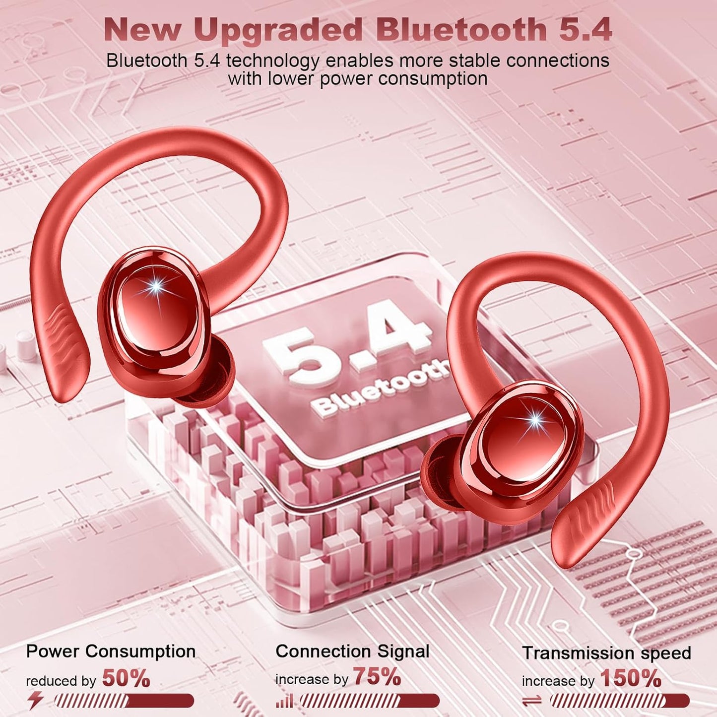 Wireless Earbuds Sport, New Bluetooth 5.4 Headphones with Earhooks, 50H Stereo Deep Bass Over Ear Buds with 4 ENC Noise Canceling Mics, IP7 Waterproof Earphones for Running Workout Gym -Red