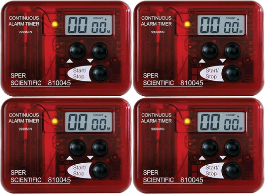 Sper Scientific Continuous Alarm Timer with Count Up Count Down & Visual Indicator 810045 - Bright LED Alarm & 9999-Minute Range - Portable Design for Cooking, Experiments, Fitness & More - 4 pc