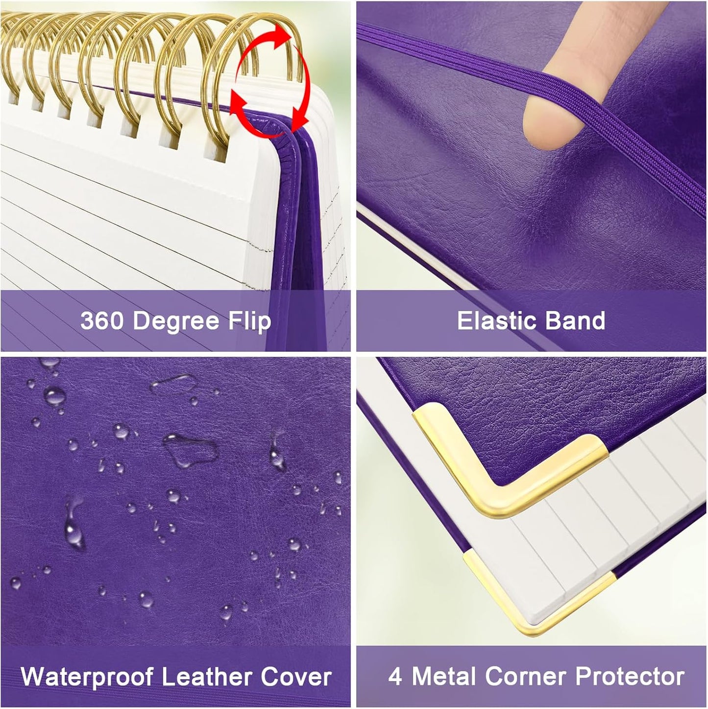 Mousbull A4 Top Spiral Notebook, Large Leather Hardcover Top Bound Steno Pads, 240 Pages 100 gsm Thick Lined Paper Left Handed Notebook Journal for Work, School, Meeting Writing - Purple, 8.5" x 11"