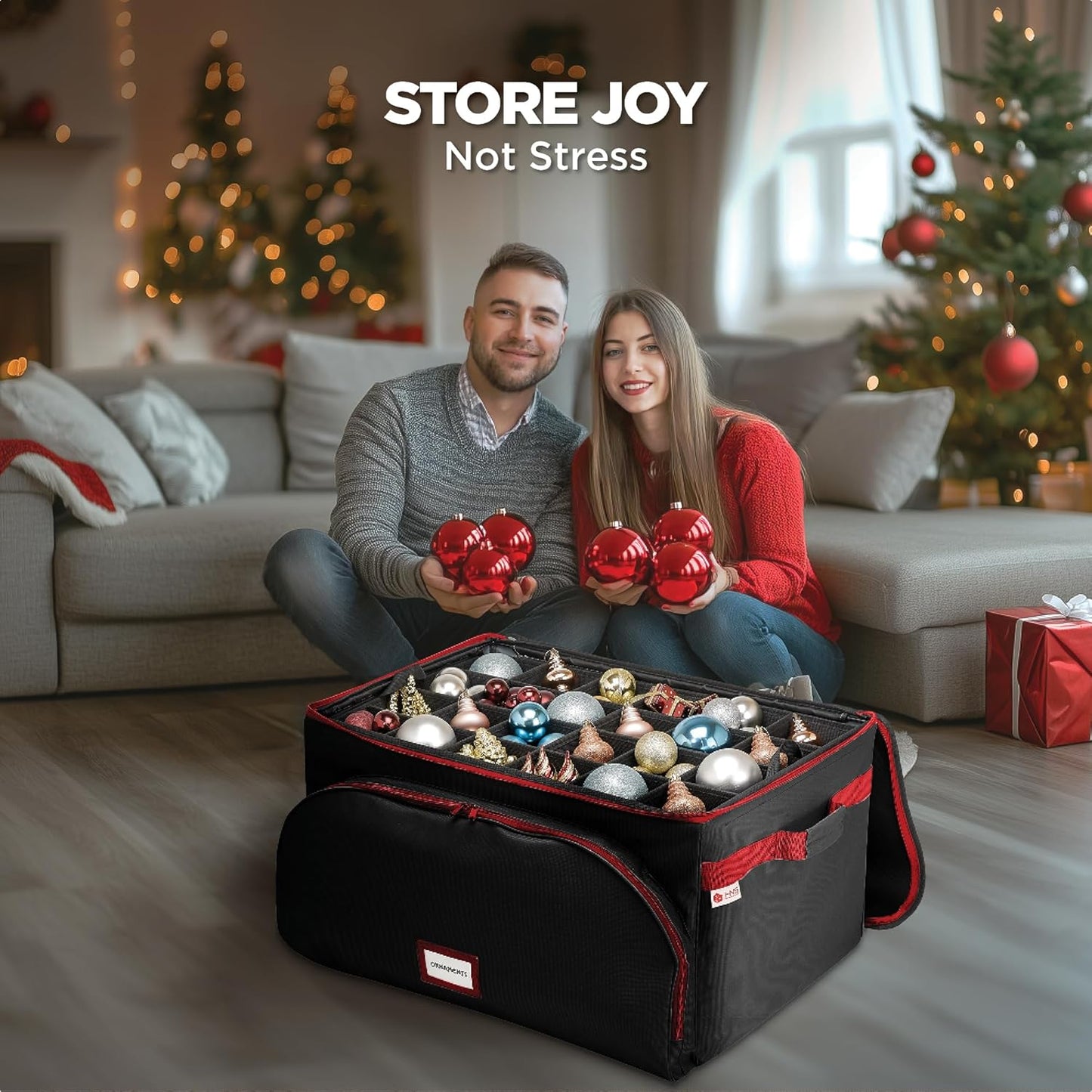 HOLDN’ STORAGE Premium Christmas Ornament Storage Box – Holds up to 72 4” Ornaments, Durable 600D Fabric, Adjustable Dividers, 3 Removable Trays – Metal Frame – Black