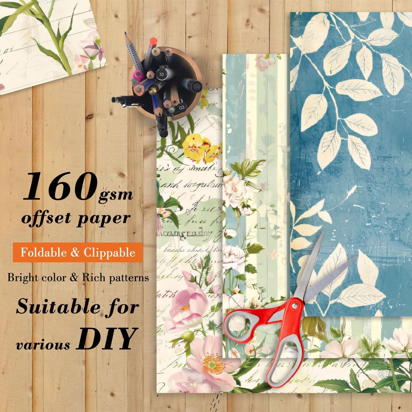 Floral Patterned Scrapbook Paper Pad - 24 Sheets 6x6 in Plant Designed Decorative Decoupage Folded Card Material Gift Wrapping Planners Junk Journal Supplies DIY Crafts Photo Album