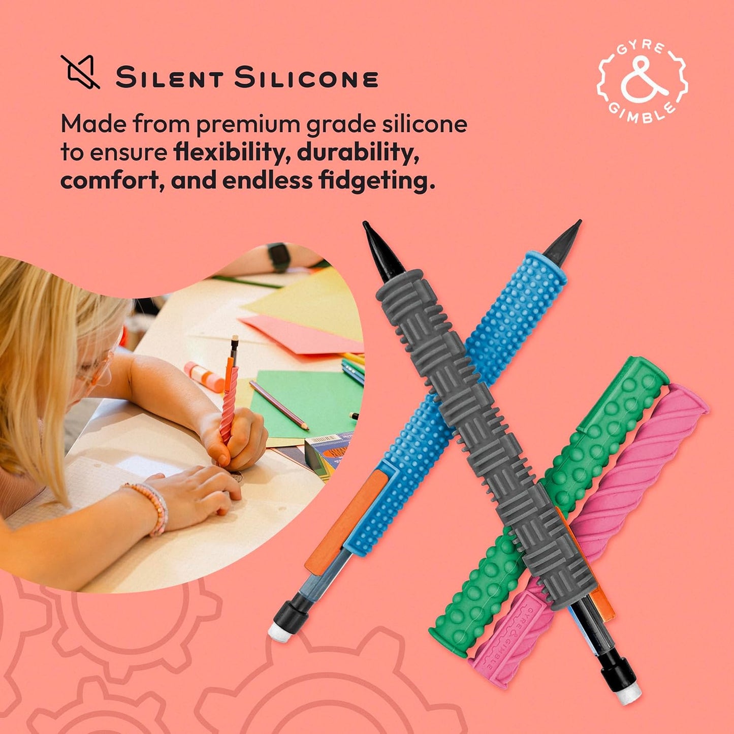 Gyre & Gimble Pencil Gidgets – Textured Silicone Pencil Sleeve for Quiet Fidgeting – Transform Your Mechanical Pencil into a Sensory ADHD Tool for Kids and Adults – 4 Sleeves & 2 Pencils