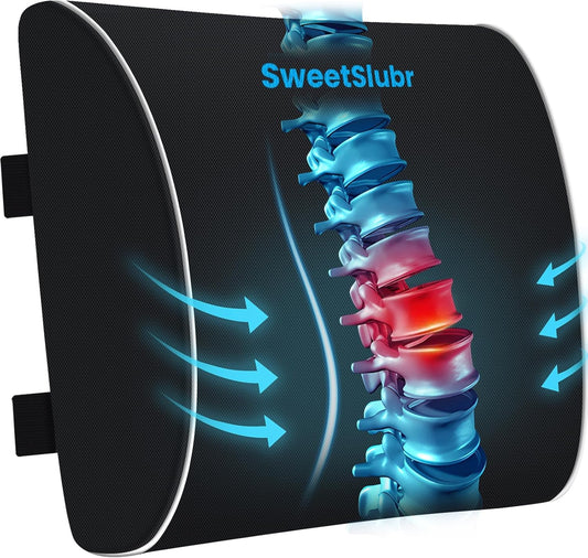 Large Lumbar Support Pillow for Office Chair, Car Seats and Home Desks, Ergonomic Back Support with Double Adjustable Straps, Machine Washable Cover, Black