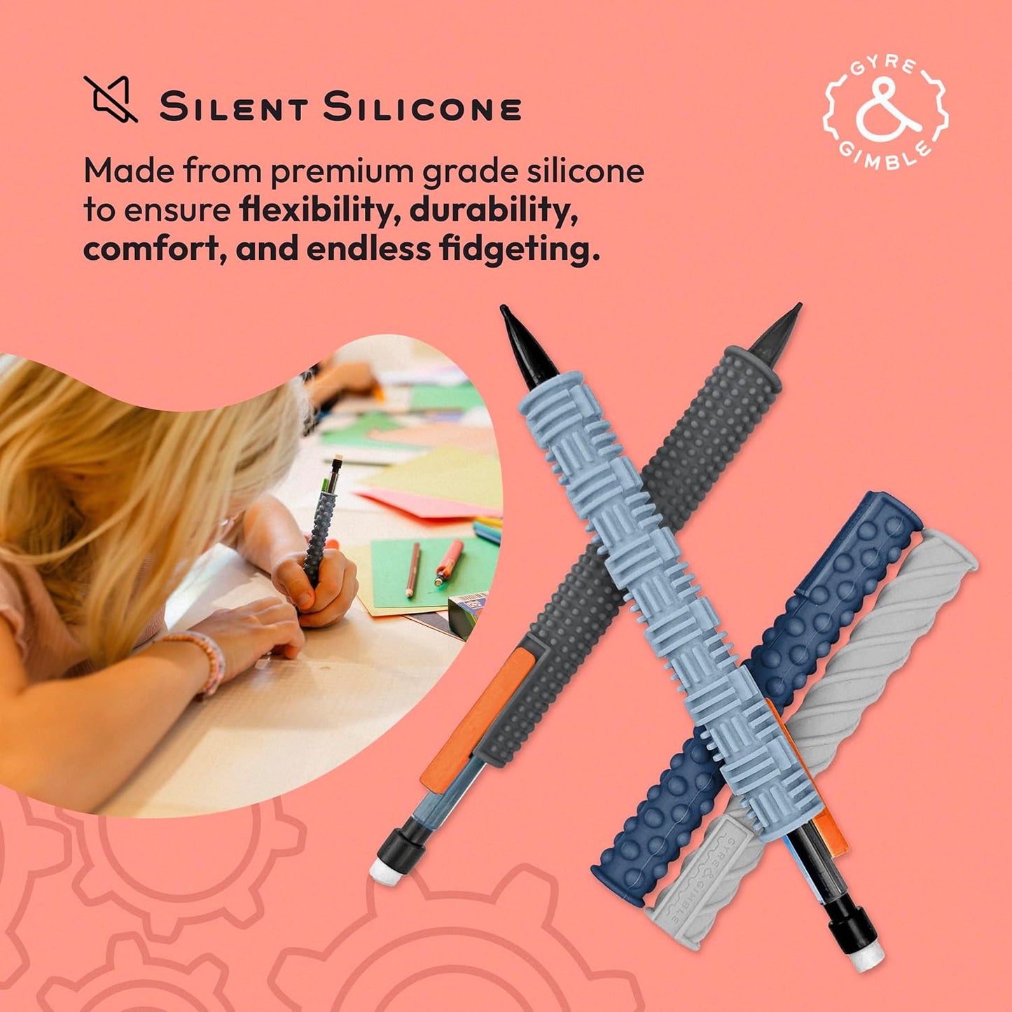 Gyre & Gimble Pencil Gidgets – Textured Silicone Pencil Sleeve for Quiet Fidgeting – Transform Your Mechanical Pencil into a Sensory ADHD Tool for Kids and Adults – 4 Sleeves & 2 Pencils - Gray