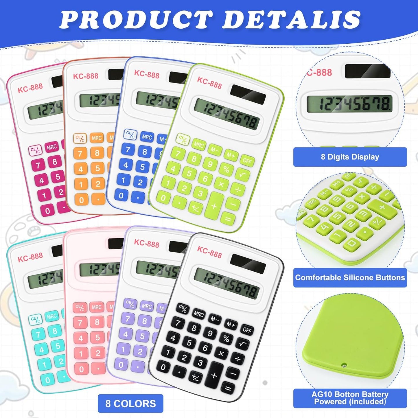Hoteam 16 Pcs Pocket Calculator Gift for Students Bulk Mini Handheld Calculator Basic Standard Calculators with Button Battery 8 Digit Display for School Office Home(Bright Color)