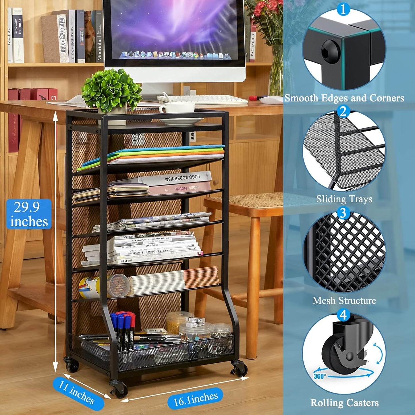 7 Tier Rolling File Cart with Sliding Trays, Wood Metal File Organizer Beside Desk, Free-Standing File Holder, Paper Letter Tray Organizer Mesh Desk Organizer for Home Office School (Patent)