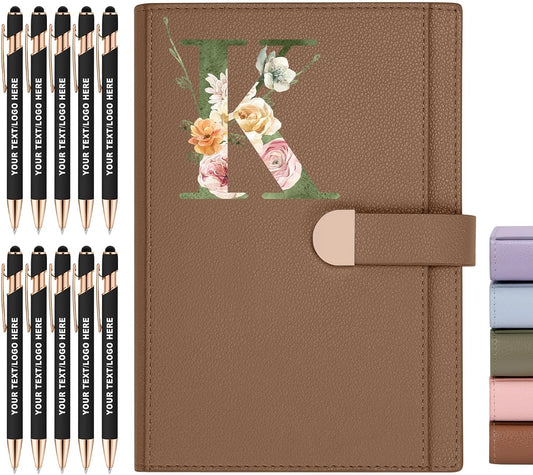 ENOMY Personalized Notebook &10 PC Stylus Pens Custom A5 Notebook with Storage Pocket Personalized Journal with Magnetic Closure for College Holiday Office Business Gift, Brown