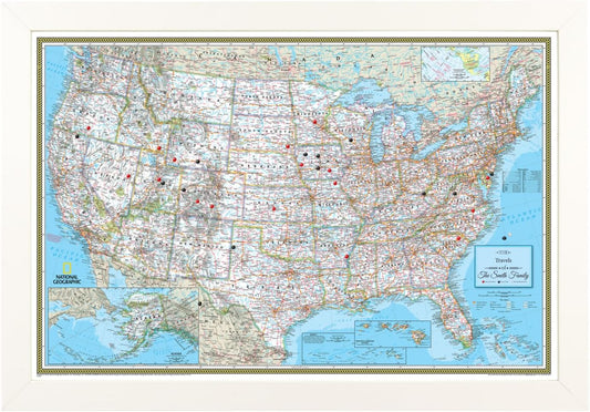 Personalized Classic USA Map Pin Board for Tracking Journeys - Framed United States Travel Map with Pins for Wall - 27.5" x 39.5" Textured White Frame