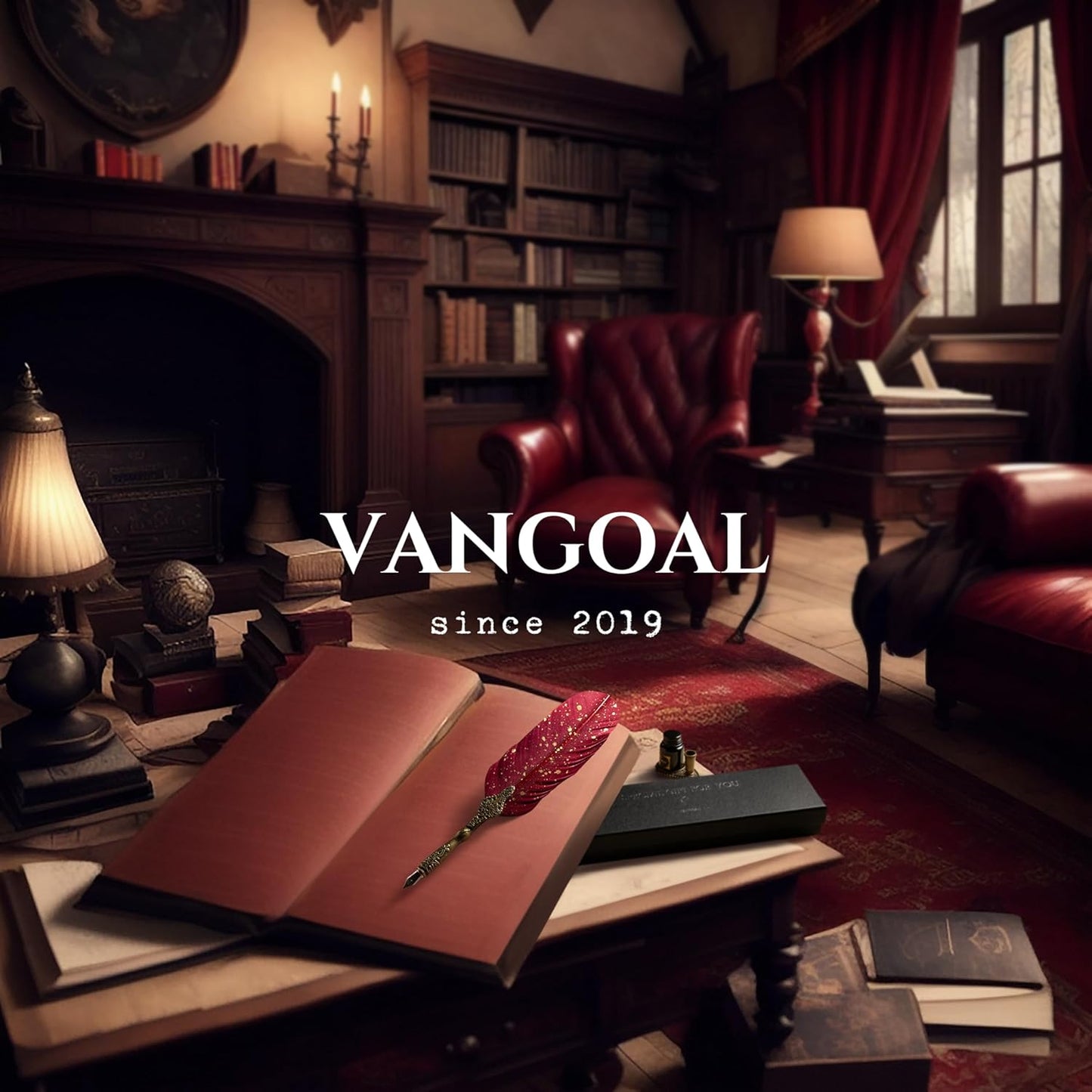 VANGOAL Vintage Carving Feather Pen Set, Glittering Quill Pen Set Antique Calligraphy Writing Dip Pen with Ink, 2 Replacement Nibs, Pen Stand Base, Luxury Vintage Signature Pen (Red)