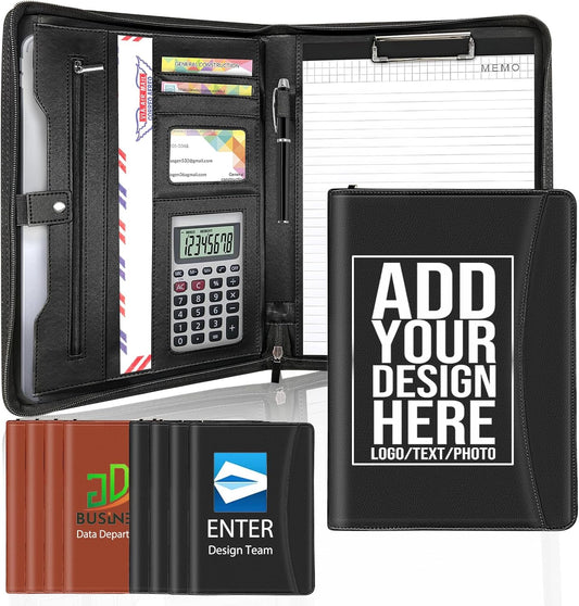 Personalized Portfolio with Zipper Logo Text Photo Custom Business Leather Folder Organizer with Clipboard Card Binder for Men Women Customized Padfolio for Gift Resume Interview Case Office