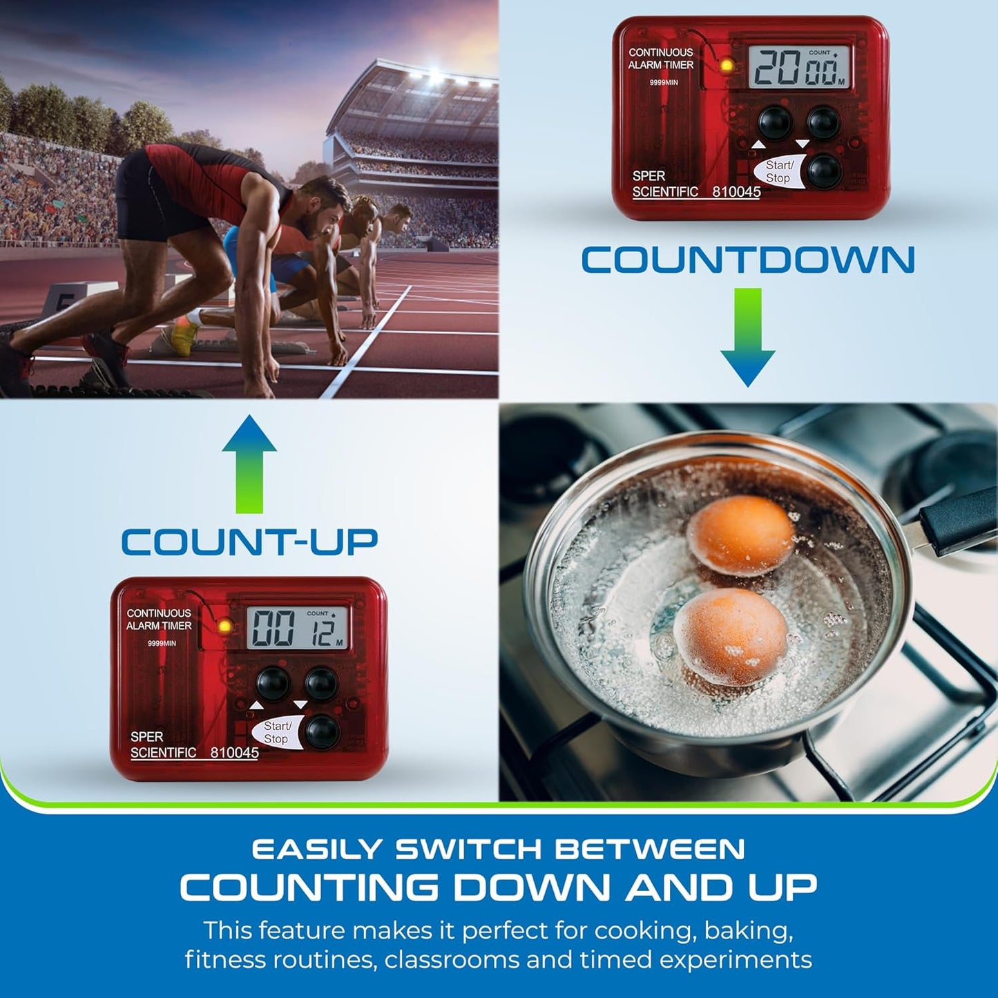 Sper Scientific Continuous Alarm Timer with Count Up Count Down & Visual Indicator 810045 - Bright LED Alarm & 9999-Minute Range - Portable Design for Cooking, Experiments, Fitness & More - 4 pc