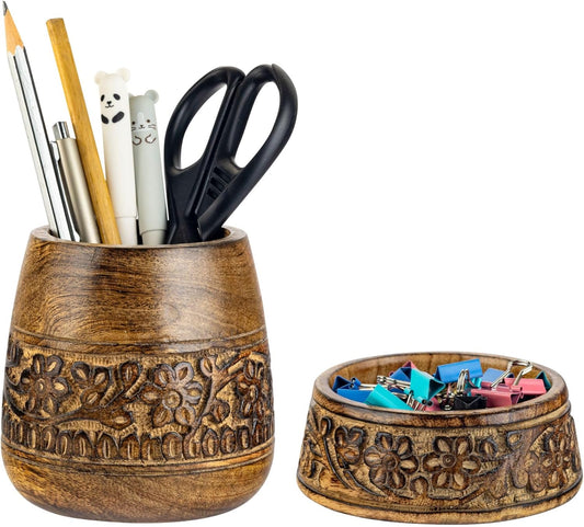 Mie Creations Wooden Desk Organizer Set of 2 Pen Holder, Paper Clip Storage, Office Desktop Table Decor, Floral Rustic Wood Pencil Cup & Paperclips Dispenser, Aesthetic Desk Accessories For Women, Men