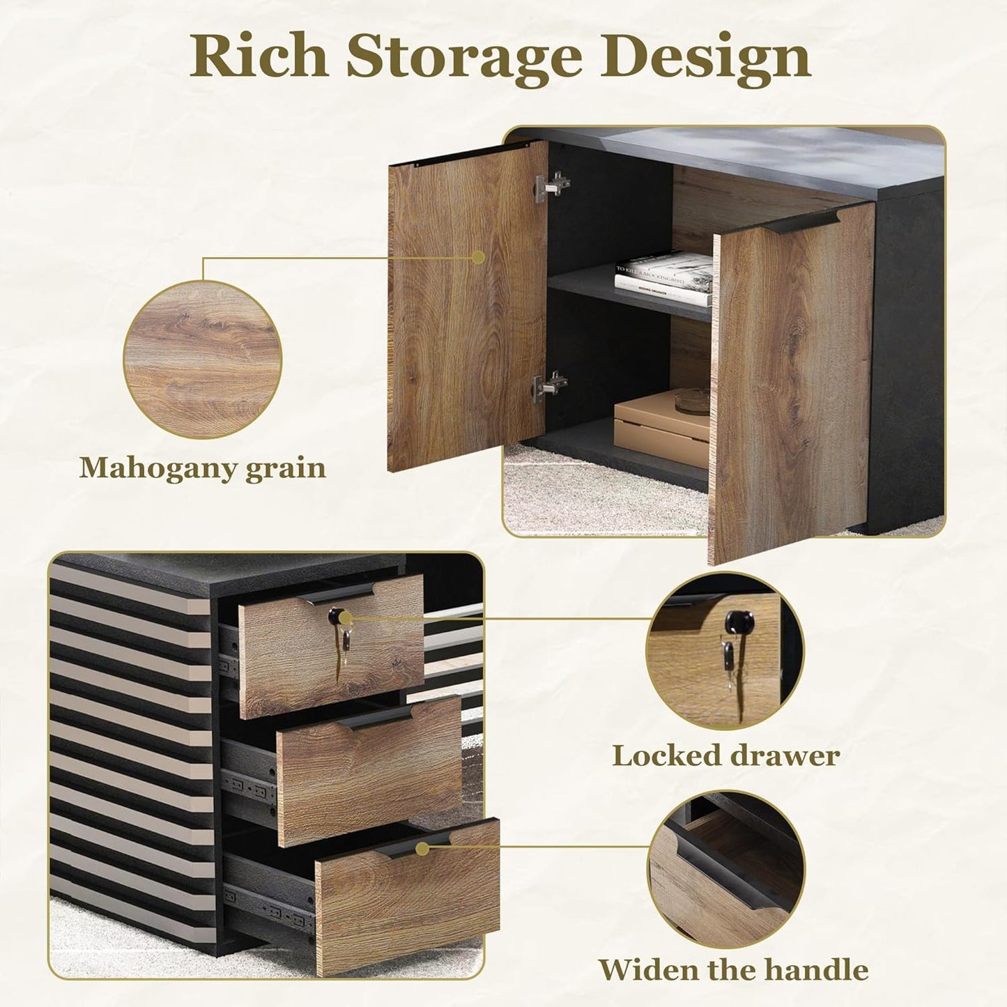SAINTCY 78.74In L Shaped Executive Standing Desk with Drawers, Large Modern Adjustable Heigh Home Office Desk w/File Cabinet, AC/USB, Business Workstation, Black and Warm Oak