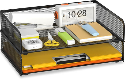 YINGHUA 2-Pack Metal Mesh Stackable Paper Letter Trays Organizer for Classroom,Office Desk File Sorter Holder Organizer Storage Box for Letter/A4 Size Folder Documents-Black