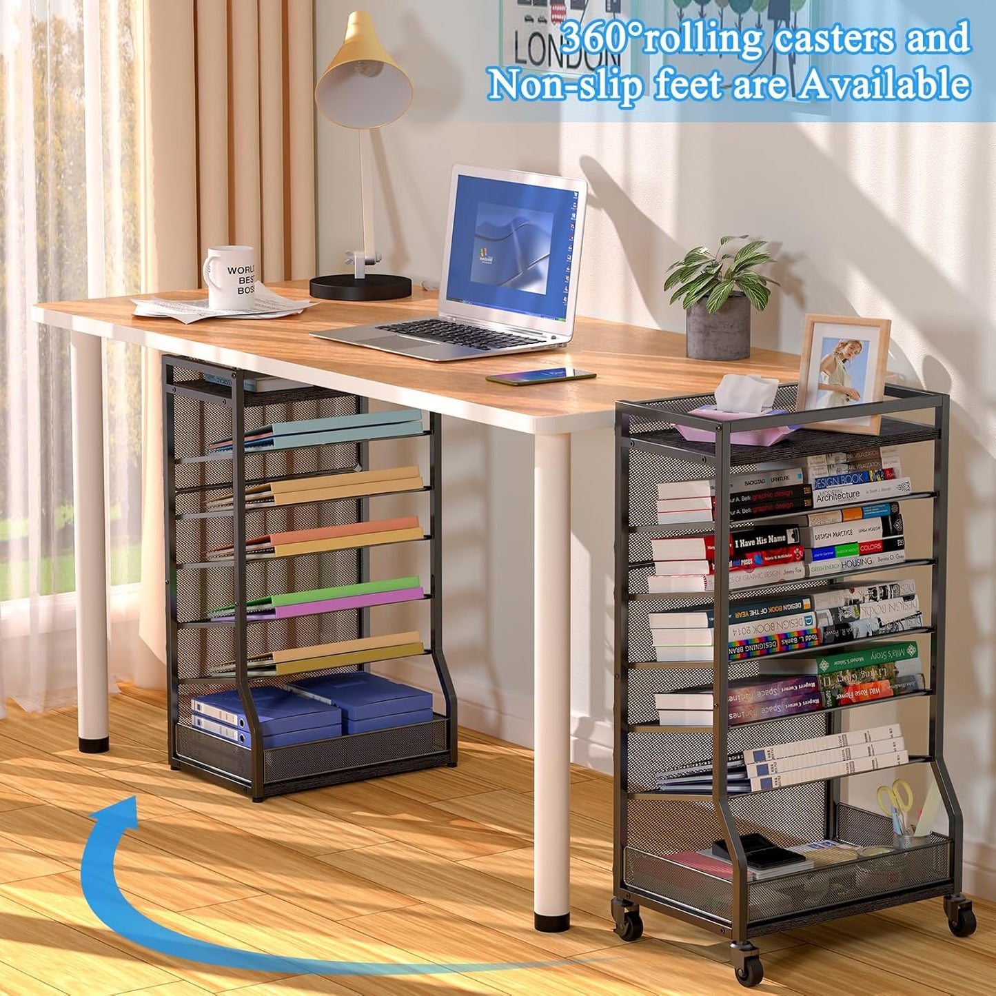 7 Tier Rolling File Cart with Sliding Trays, Wood Metal File Organizer Beside Desk, Free-Standing File Holder, Paper Letter Tray Organizer Mesh Desk Organizer for Home Office School (Patent)