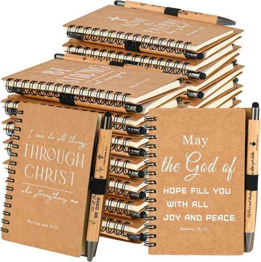 INSADA Christian Prayer Journal Spiral Notebooks Bulk with Pens - Small Notepads (4.13”x5.43”) - Christmas Gifts for Women men,Church Members & Bible Study Groups (60 sets Brown)