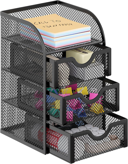 EasyPAG Mesh Desk Organizer with 3 Drawer Office Desktop Organizers and Accessories Stationery Caddy for Office, Home, Students, Black
