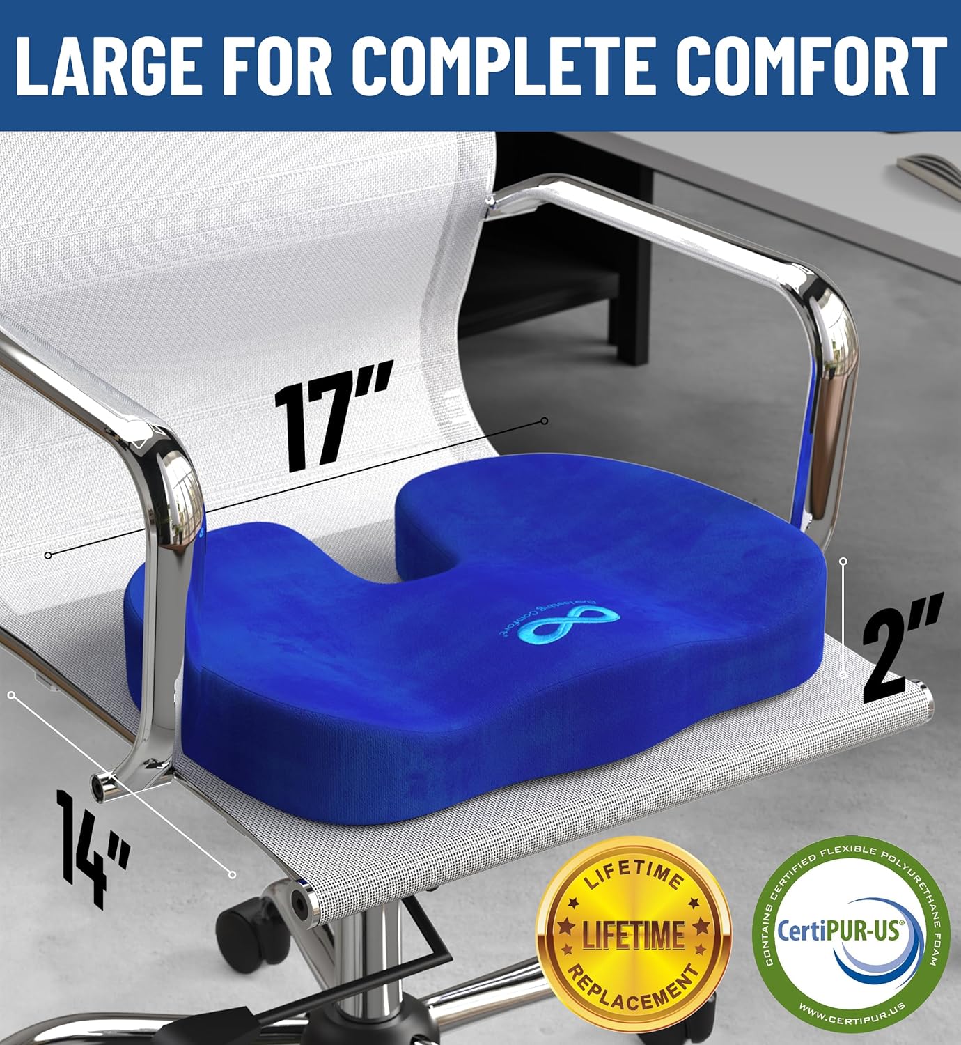 Everlasting Comfort Doctor Recommended Memory Foam Seat Cushion for Office Chairs & Car - Ergonomic Office Desk Accessories - Cushions for Tailbone Pain Relief, Sciatica (Blue, Large)