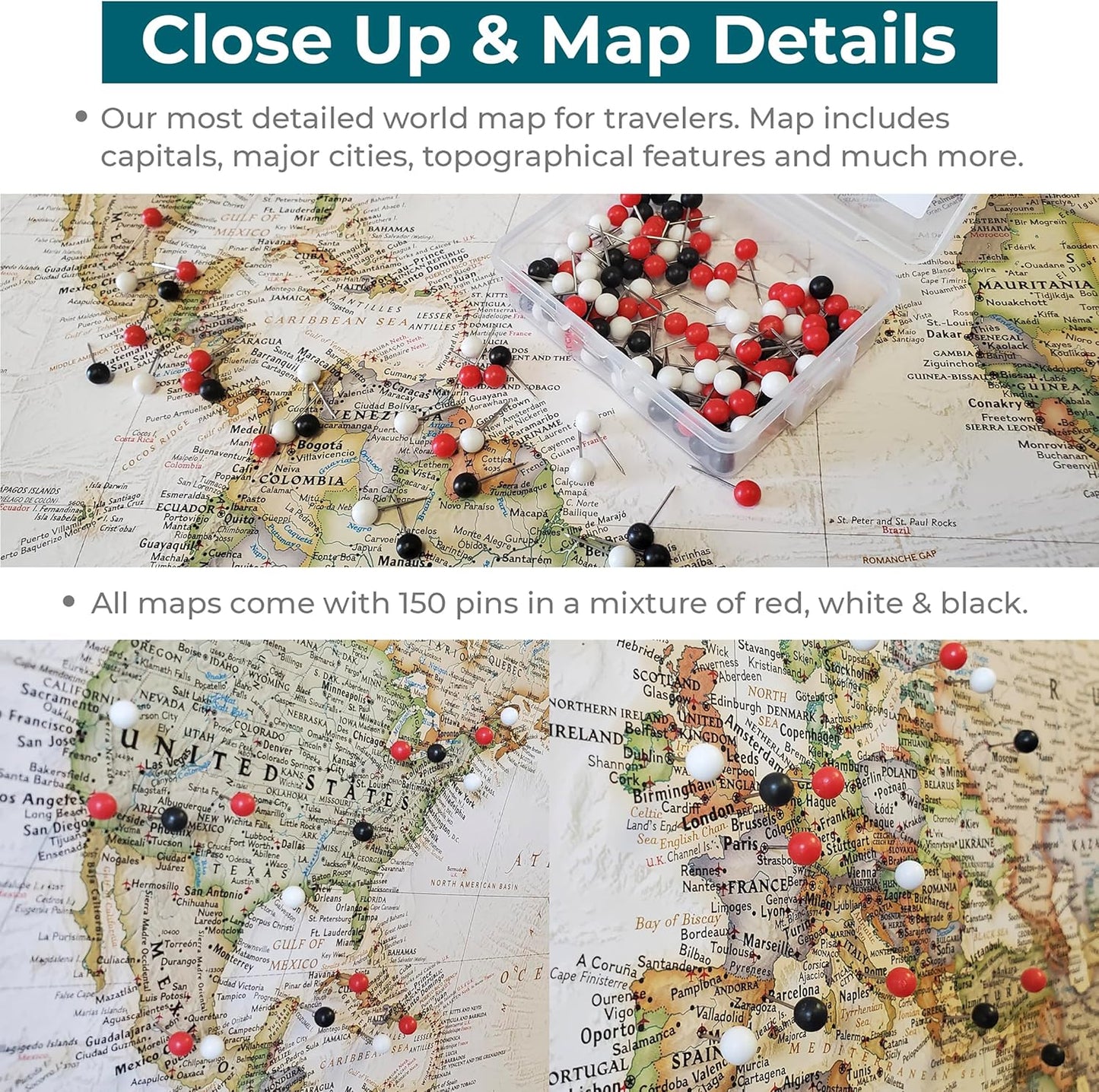 Personalized Canvas Rolled Poster World Map Wall Art with Pins – Large 24" x 36" Executive Map of the World – Push Pin Travel Decor for Home or Office