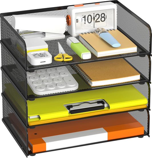 YINGHUA 4-Pack Metal Mesh Stackable Paper Letter Trays Organizer for Classroom,Office Desk File Sorter Holder Organizer Storage Box for Letter/A4 Size Folder Documents-Black