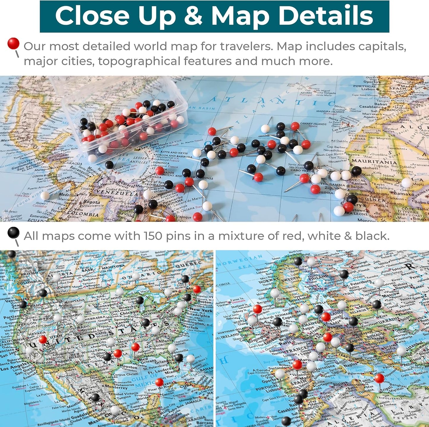 Canvas Classic World Map Pin Board – Framed Travel Map with Pins for Wall – Personalized Push Pin World Map for Tracking Journeys – 27.5" x 39.5" Rustic Brown Frame