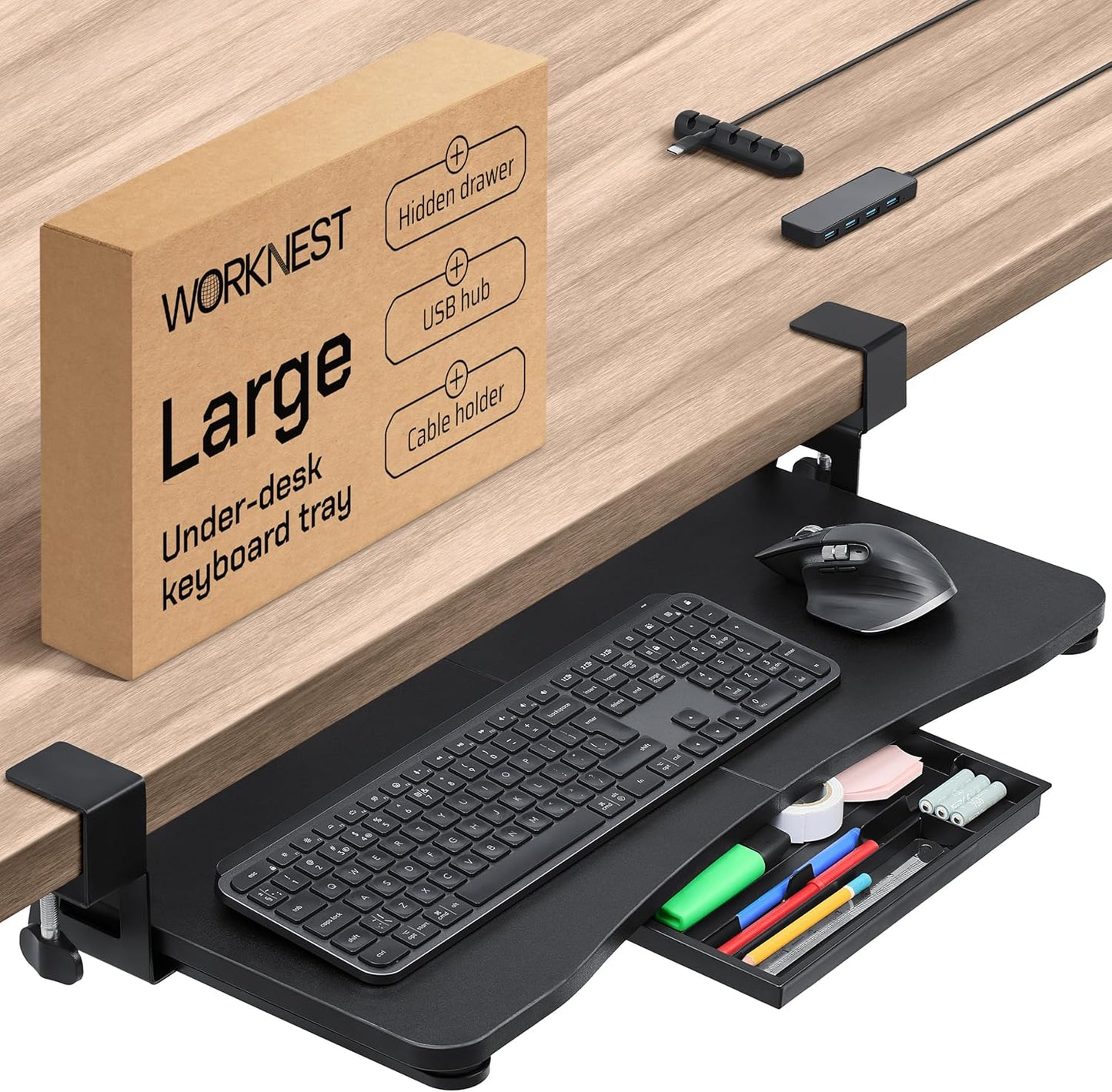 Keyboard Tray | Under Desk Keyboard Tray Slide Out w/Adjustable C-Clamps for Desks Up to 1.5-Inch-Thick | Clamp On Drawer with 1x USB-C to 4 USB-A Hub and 1x Five-Cable Management Organizer