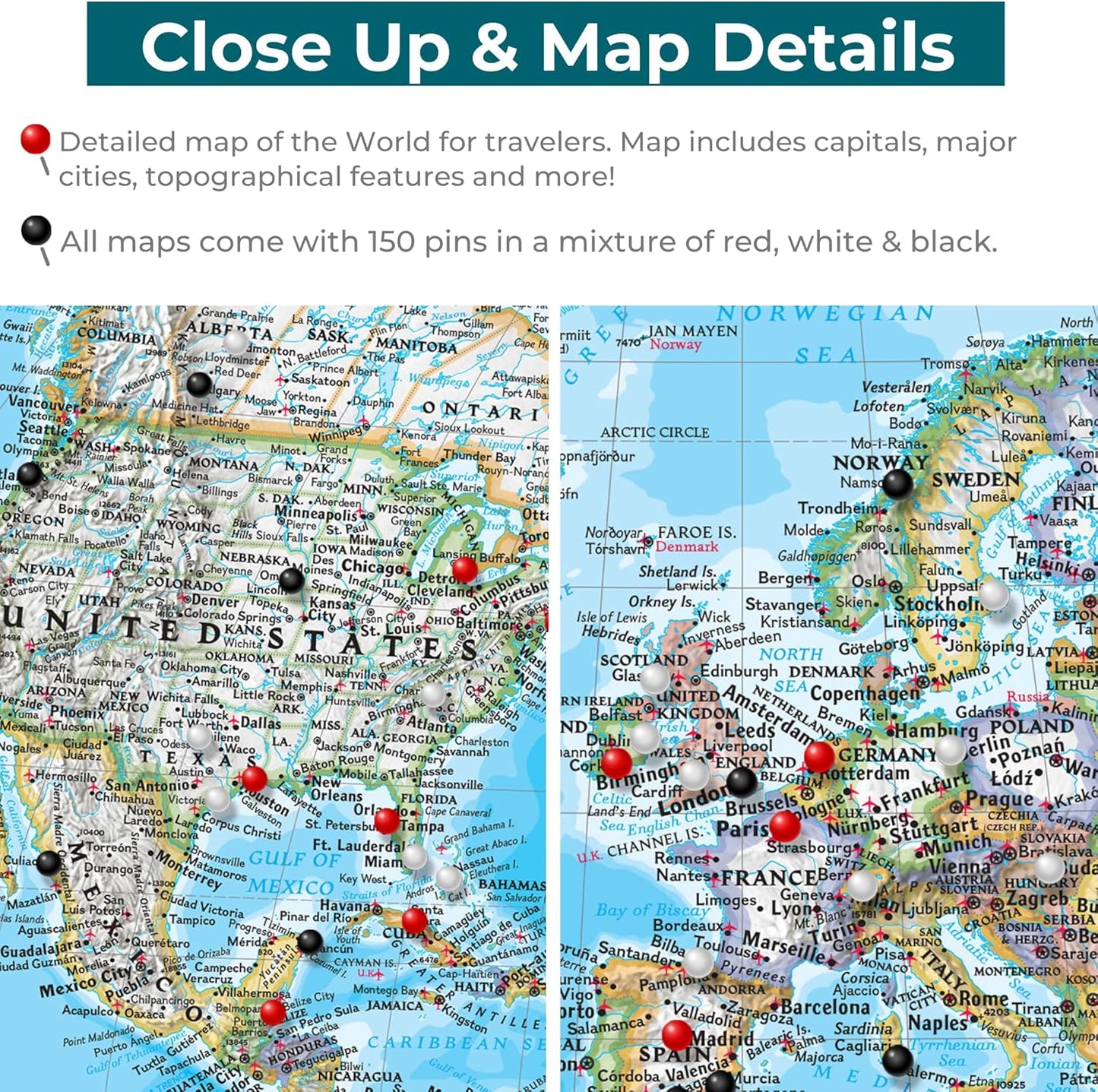 Push Pin Travel Maps Classic World Pin Board – Personalized Stretched Canvas Travel Map with Pins, Adventure Wall Art Décor for Tracking Trips - 24" x 36"