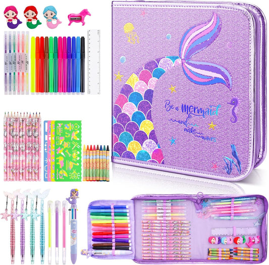 Mermaid Art Craft Kit for Kids, 56 Piece Set with Pencil Case, Markers, Crayons, Gel Pens, Erasers, Stencils, Ruler